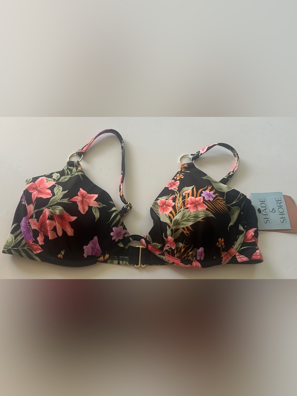 Women’s Underwire Bikini Top Bra Sized 36C- black tropical floral